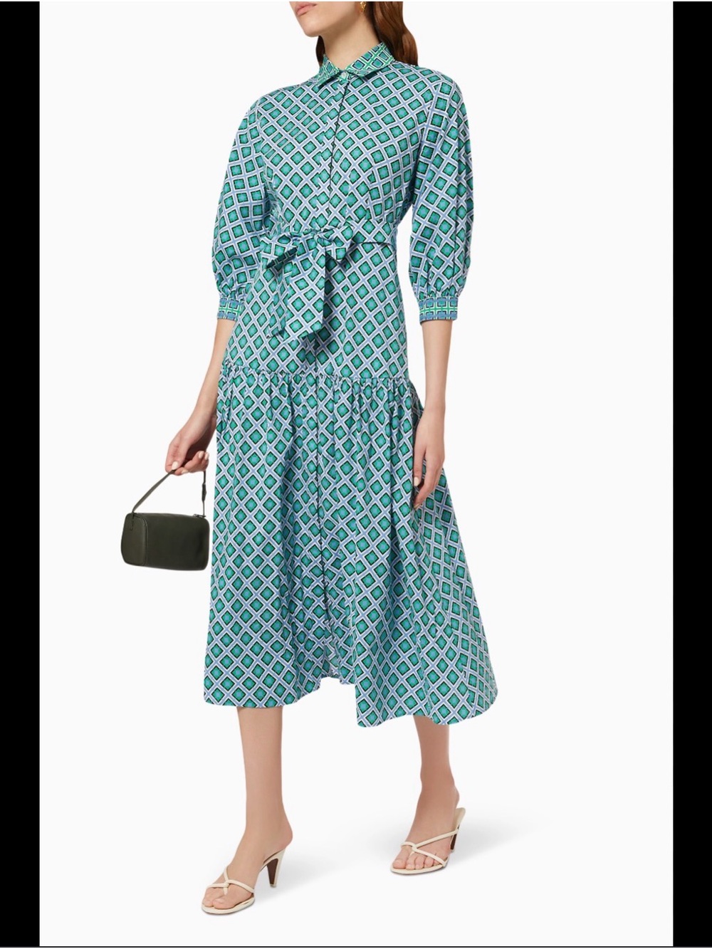 MARELLA Teal and Navy Geometric Midi Shirt Dress